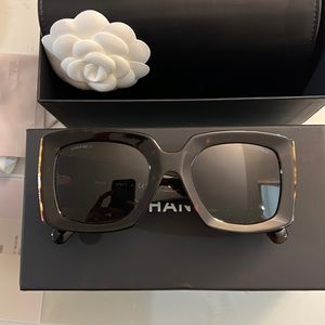 Chanel Rectangle Sunglasses in Dark Tortoise and Gold